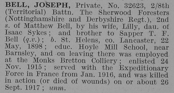 Bell J Pte 8th Notts & Derby Regiment Obit De Ruvignys Roll Of Honour Vol 3
