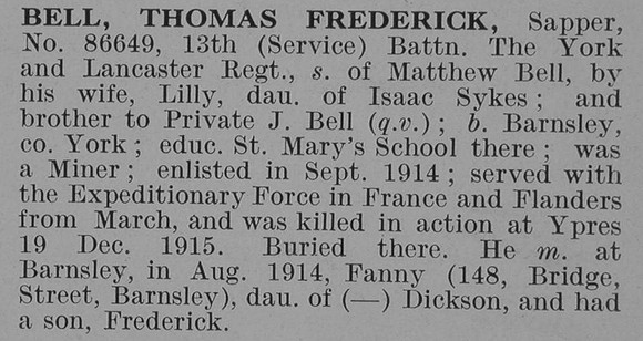 Bell T F Sapper 13th York & Lancs Regiment Obit De Ruvignys Roll Of Honour Vol 3