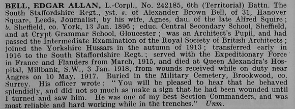 Bell E A L/Cpl 242185 6th South Staffordshire Regiment