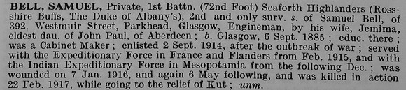 Bell S Pte S/2662 1st Seaforth Highlanders