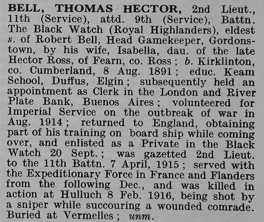 Bell T H 2nd Lt 11th Attd 9th Black Watch