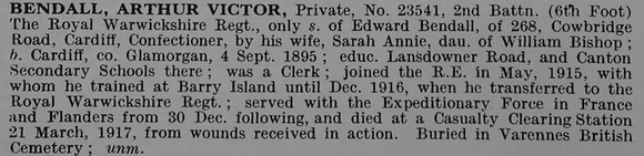 Bendall A V Pte 23541 2nd Royal Warwickshire Regiment