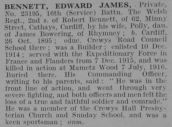 Bennett E J Pte 16th Welsh Regiment Obit De Ruvignys Roll Of Honour Vol 3