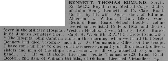 Bennett T E Sergt 56273 Royal Army Medical Corps