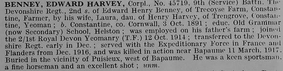 Benney E H Cpl 45719 9th Devonshire Regiment