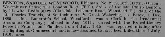 Benton S W Rfn 2759 16th London Regiment