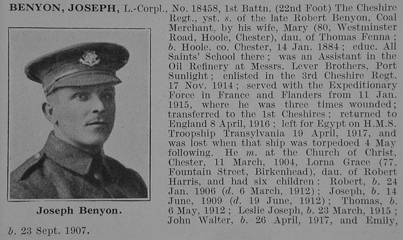 Benyon J L/Cpl 1st Cheshire Regiment Obit De Ruvignys Roll Of Honour Vol 3