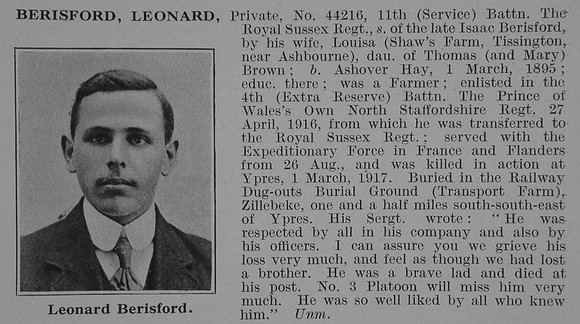 Berisford L Pte 11th Royal Sussex Regiment Obit De Ruvignys Roll Of Honour Vol 3