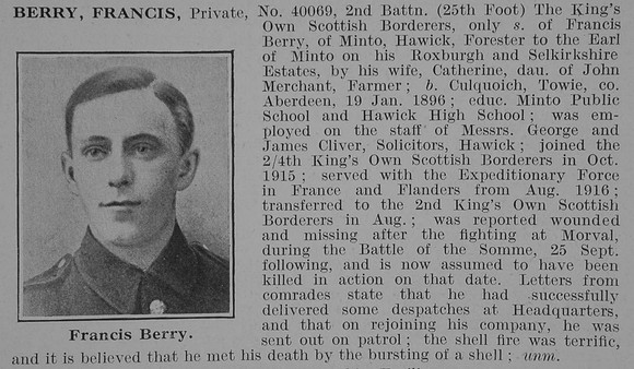 Berry F Pte 2nd King's On Scottish Borderers Obit De Ruvignys Roll Of Honour Vol 3