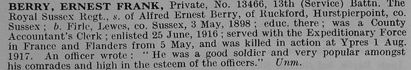 Berry E F Pte 13466 13th Royal Sussex Regiment