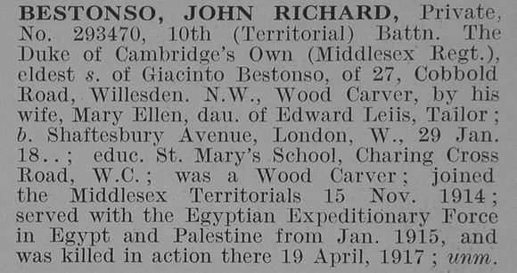 Bestonso J R Pte 10th Middlesex Regiment Obit De Ruvignys Roll Of Honour Vol 3
