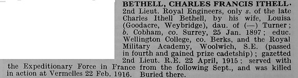 Bethell C F I 2nd Lt Royal Engineers