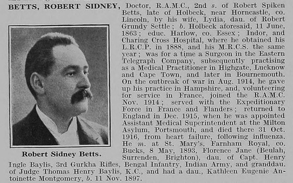 Betts R S Doctor Royal Army Medical Corps Obit De Ruvignys Roll Of Honour Vol 3