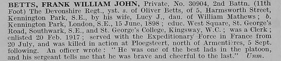 Betts F W J Pte 30904 2nd Devonshire Regiment