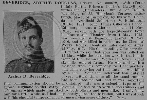 Beveridge A D Pte 8th Argyll & Sutherland Highlanders Obit De Ruvignys Roll Of Honour Vol 3