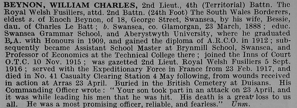 Beynon W C 2nd Lt 4th Royal Welsh Fusiliers