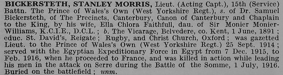 Bickersteth S M t 15th West Yorks Regiment