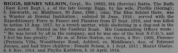 Biggs H N Cpl 18823 6th East Kent Regiment