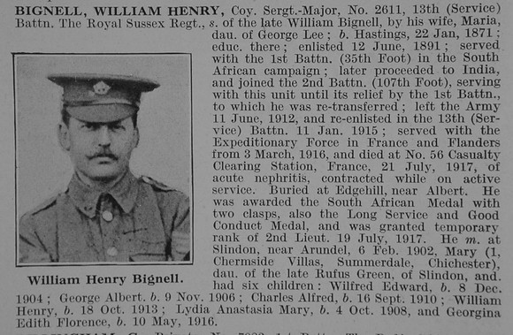 Bignell W H Coy Sergt Major 13th Royal Sussex Regiment Obit De Ruvignys Roll Of Honour Vol 3