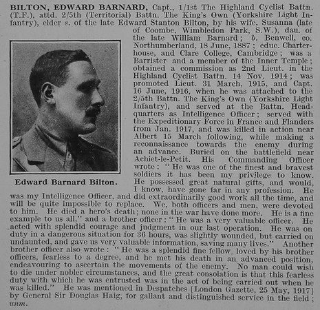 Bilton E B Captain 2nd King's Own Yorkshire Light Infantry Obit De Ruvignys Roll Of Honour Vol 3