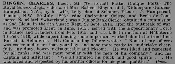 Bingen C Lt 5th Royal Sussex Regiment