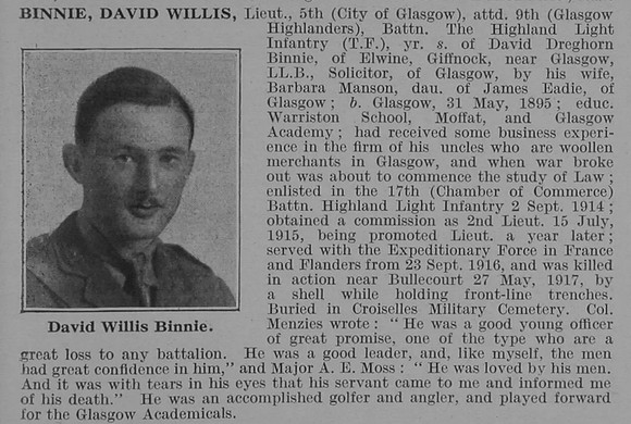 Binnie D W Lt 9th Highland Light Infantry ObitDe Ruvignys Roll Of Honour Vol 3