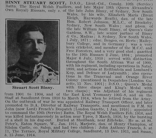 Binny S S Lt Col DSO 10th Royal Welsh Fusiliers Obit De Ruvignys Roll Of Honour Vol 3