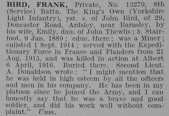 Bird F Pte 8th King's Own Yorkshire Light Infantry Obit De Ruvignys Roll Of Honour Vol 3