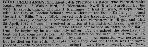 Bird E J 2nd Lt 4th Worcestershire Regiment