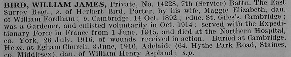 Bird W J Pte 14228 7th East Surrey Regiment