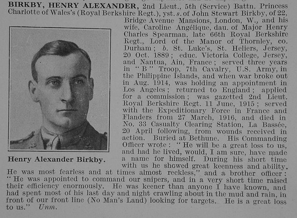 Birkby H A 2nd Lt 5th Royal Berkshire Regiment Obit De Ruvignys Roll Of Honour Vol 3