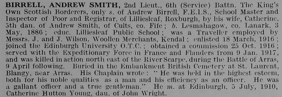 Birrell A S 2nd Lt 6th King's Own Scottish Borderers