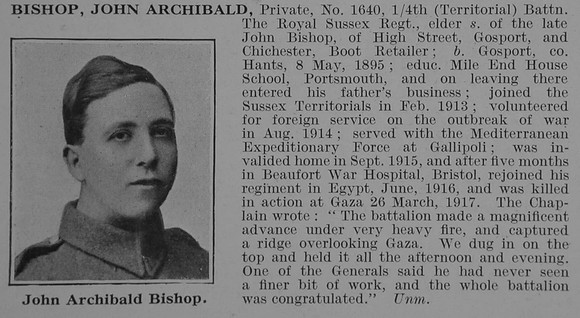 Bishop J A Pte 4th Royal Sussex Regiment Obit De Ruvignys Roll Of Honour Vol 3