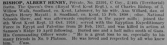 Bishop A H Pte 23391 4th Royal West Kent Regiment