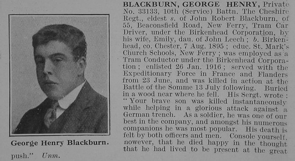 Blackburn G H Pte 10th Cheshire Regiment Obit De Ruvignys Roll Of Honour Vol 3