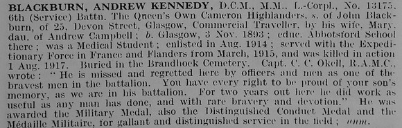 Blackburn A K L/Cpl DCM MM 13175 6th Cameron Highlanders