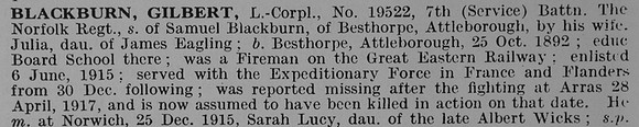 Blackburn G L/Cpl 19522 7th Norfolk Regiment
