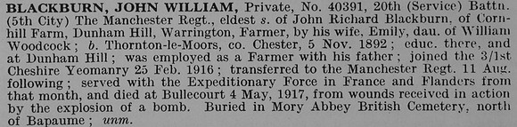 Blackburn J W Pte 40391 20th Manchester Regiment