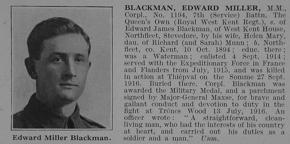 Blackman E M Cpl MM 7th West Kent Regiment Obit De Ruvignys Roll Of Honour Vol 3