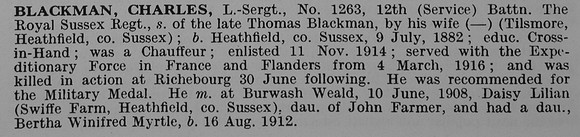 Blackman C L/Sergt 1263 12th Royal Sussex Regiment