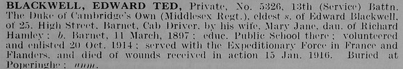 Blackwell E T Pte 5326 13th Middlesex Regiment