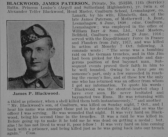 Blackwood J P Pte 11th Argyll & Sutherland Highlanders Obit De Ruvignys Roll Of Honour Vol 3