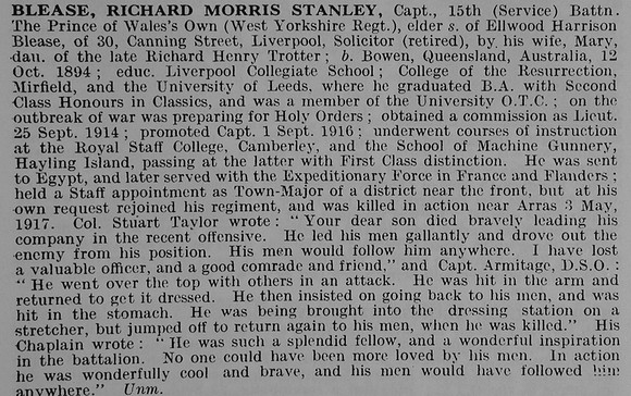 Blease R M S Captain 15th West Yorkshire Regiment