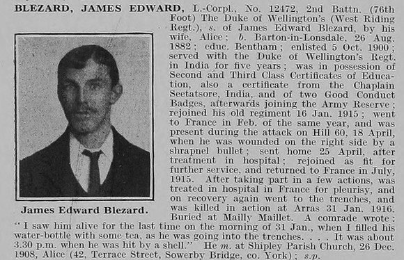 Blezard J E L/Cpl 12472 2nd West Riding Regiment Obit
