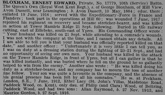 Bloxham E A Pte 17779 10th West Kent Regiment