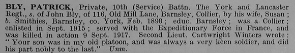 Bly P Pte 14/1441 10th York And Lancs Regiment