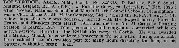 Bolstridge A Cpl MM 835378 Royal Field Artillery