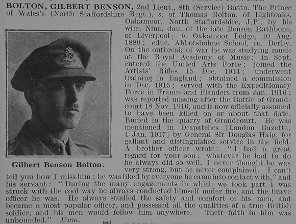 Bolton G B 2nd Lt 8th North Staffs Regiment Obit De Ruvignys Roll Of Honour Vol 3