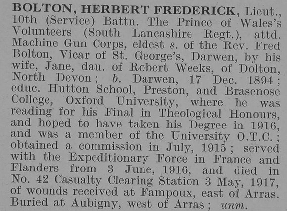 Bolton H F Lt 10th South Lancs Regiment Obit De Ruvignys Roll Of Honour Vol 3