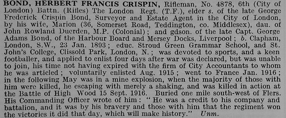 Bond H F C Rfn 4878 6th London Regiment